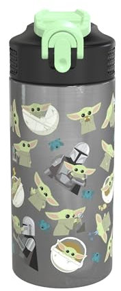zak! Star Wars The Mandalorian The Child - Botella de agua de acero inoxidable aislada al vacío - 14 onzas - Duradero y a prueba de fugas - Boquilla abatible con popote y lazo de transporte integrado
