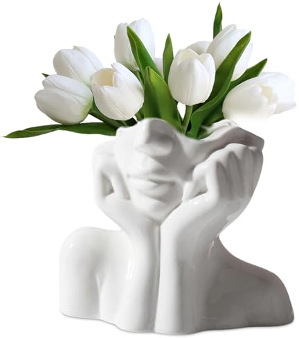 Kopf Gesicht Vase Blumenvase Keramikvasen: SUNOYA Weiß Keramik Vasen, Moderne Vase Gesicht, Trockenes Blumenarrangement Vase, Keramik-Gesichtsvase Für Schlafzimmer, Büro Dekoration