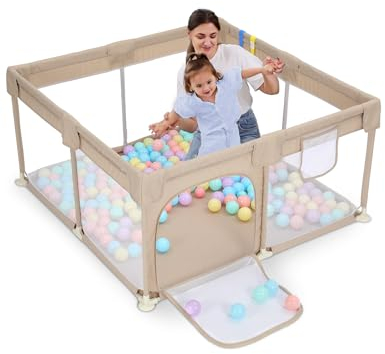 Dripex Laufstall Baby 124x124cm, Laufgitter Baby, Laufstall mit atmungsaktivem Netz, Laufgitter 210D Oxford Gewebe, Playpen, kinderlaufstall, Braun