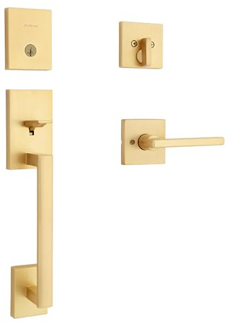 Kwikset San Clemente Front Door Lock Handle and Deadbolt Set, Entry Handleset Exterior with Interior Reversible Lever, Satin Brass, Pick Resistant SmartKey Deadbolt Security, with Microban Protection