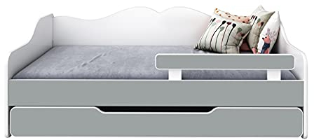 BDW - Kinderbett - Einzelbett mit Lattenrost, Matratze, Schublade, Rausfallschutz, Stauraum - Ausziehbar - Schlafsofa, Gästebett, Klappbett - Kinder-/Jugendzimmer - 160x80cm - Grau