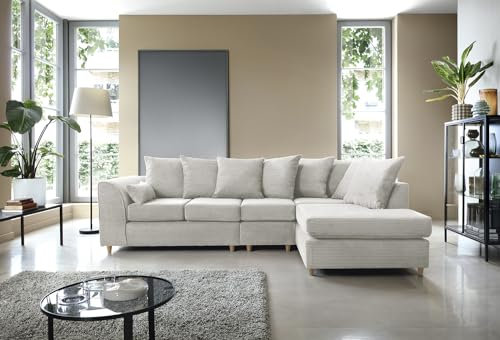 Abakus Direct Right Hand Facing Large Corner Sofa - Jumbo Cord L Shaped Sofas for Living Room with Deep Filled Cushioning | Contemporary Large Chaise Lounge Sofa in White | W272xD164xH90