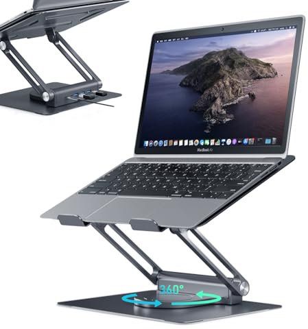 onang Space Grey Laptop Stand with USB-C and USB-A, Adjustable Aluminum Laptop Stand for Desk, 360° Rotating Base, Foldable, Compatible with 7-17 inch Laptops, Cell Phones, Tablets, Kindle, Books