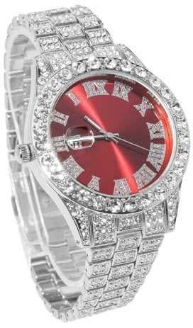 Genkigold Diamantuhr für Herren – 40mm Römische Ziffern Rundes Zifferblatt in 3 Farben – 18K Echtgold/Platin Plattiert 22cm Armband – Japanisches Quarzwerk – Luxusschmuck –Kombinierbar mit Cuban-Kette