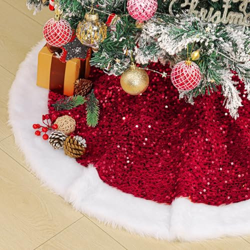 Lewondr Weihnachtsbaum Rock, 91CM Pailletten-Weihnachtsbaumkleid Großer Glitzer-Weihnachtsbaumrock, Vintage Weihnachtsbaum Dekoration für Wohnung Dekoration Party Geschäft, Rot & Weiß