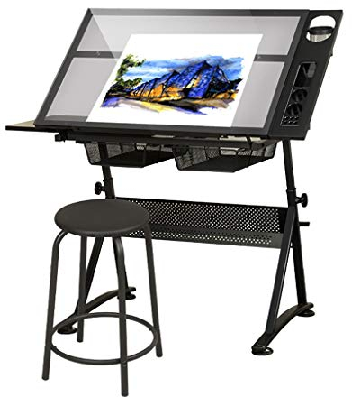 Zeichentische Neigbarer Zeichentisch, Verstellbarer Kunstschreibtisch, mit Aufbewahrungs-Basteltisch, Zeichentisch mit Glasplatte, Zeichentisch für Kinder und Erwachsene