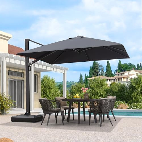 PURPLE LEAF Sonnenschirm Quadratisch 300 x 300 cm Ampelschirm Groß mit Kurbel, Marktschirm 360° Rotation Drehbar, Gartenschirm Balkonschirm Anti-Fading Windfest, Grau