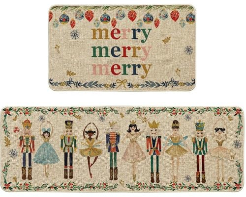 Christmas Kitchen Rugs Sets of 2 Nutcracker & Merry Christmas Kitchen Mat Soft Non-slip Machine Washable Christmas Rug for Kitchen, Doorway, Hallway, 18x29.5in + 18x47in Kitchen Rugs Sets of 2