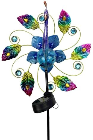 jamgeery Moulins à vent d'extérieur – En forme de paon, couleurs vives et vives, sculpture éolienne, décoration extérieure à énergie solaire avec lueur lumineuse