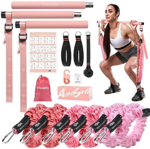 ALongSong Kit Pilates con 6 Elastico Pilates in Tessuto(20-180 LBS), 2 Cinghie per Caviglie e 1 Ancoraggio per Porta, Kit di Allenamento