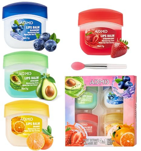 GWAWG Lip Sleeping Mask,4 Piezas Mascarilla Labios Mini Bálsamo Labial Reparador De Día Y Noche,Para Agrietados Secos,Para Mujeres Hombres (Naranja Fresa Arándano Aguacate)