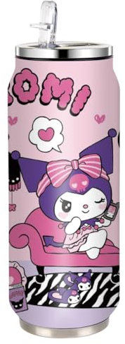 HOOKTA Kuromi Edelstahl Wasserflasche 500 ml Hochklappbare Sport flaschen aus Edelstahl mit Strohhalm Wiederverwendbarer Getränkebecher für Reisen Sport (Anrufen)