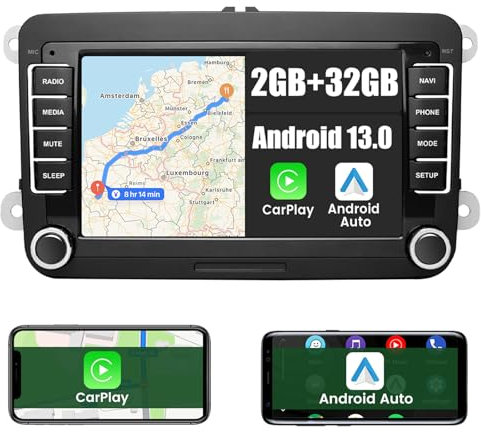 Hexinex Radio de Coche Android 13.0 2GB+32GB con Pantalla Táctil para VW, Autoradio de 7'' con CarPlay/Android Auto/Mirror Link,Compatible con WiFi/GPS/Bluetooth/RDS/USB/FM/Mandos del Volante