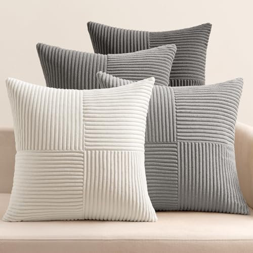 EMEMA Kissenbezug Kordsamt 4er Set Patchwork Kissenhülle 50x50 cm Zierkissenbezug Dekokissen Sofakissen Kord Dekorative Kissen für Sofa Sessel Zuhause Schlafzimmer Grau Serie