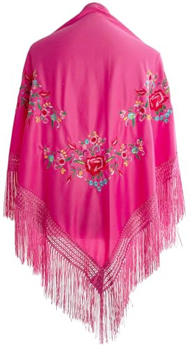 Mantón de Manila Mujer de Pico en Triángulo, Mantones de Flamenca Bordado en Flores, Mantoncillos de Flamenca de Flor (Fucsia)