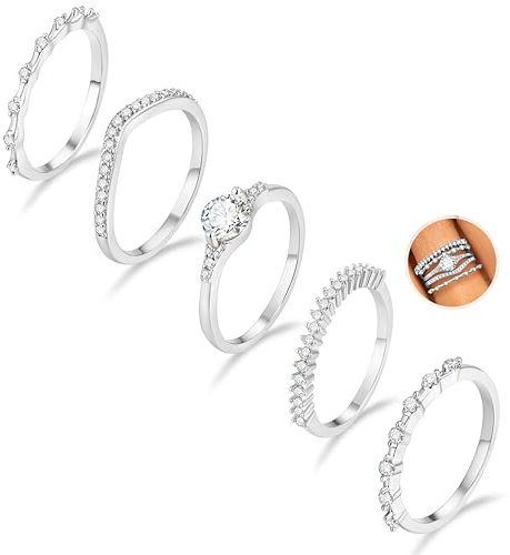 Macachii 5 Stück Ring Silber Damen Ringe Frauen Stack Cubic Zirkonia 14k Gold Verlobungsring Damen Statement Ring Damen Stapelbare Daumenring Fingerring Set Schmuck