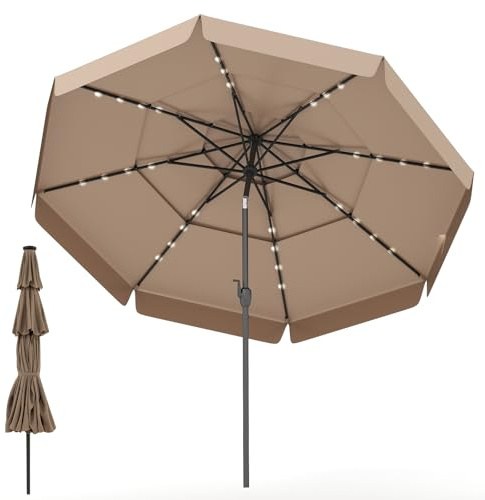 SPOTRAVEL 3M 3-Tier Garden Parasol, Outdoor Patio Umbrella with LED Solar Lights, 8 Heavy Duty Ribs & Crank Handle, Extra Large Table Parasol for Market Poolside Yard (Taupe with Ruffled Edge)