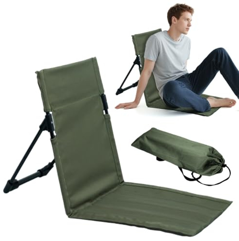 Fouvin Faltbare Strandmatte mit Rückenlehne, Sonnenliege Klappbar Strandliege Klappbar Leicht, Bodenstuhl Outdoor, Strandstuhl für Camping, Garten, Konzerte, Picknick, Hinterhof (Armeegrün)