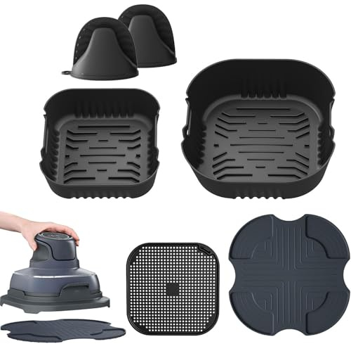 Airfryer Zubehör für Ninja CRISPi FN101EU – 6-tlg. Silikon-Set | 2 Silikonform Körbe für 3,8 L & 1,4 L, Matte, Spritzschutz & Handschuhe – spülmaschinenfest & wiederverwendbar