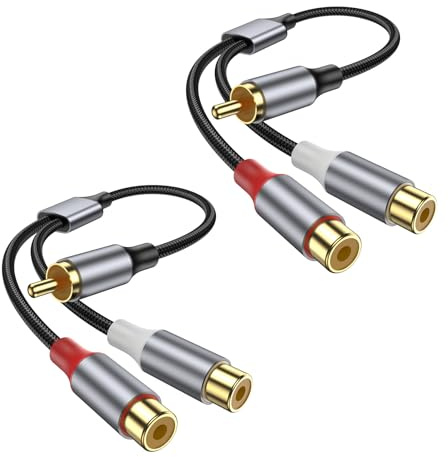 KAYQINHO RCA Splitter Cable, 20cm RCA Y Splitter 1 Male to 2 Female 2 Pack, Short RCA Stereo Audio Speaker Splitter Cable for Amplifier, Subwoofer, Home Theater, DVD, TV, Speaker.