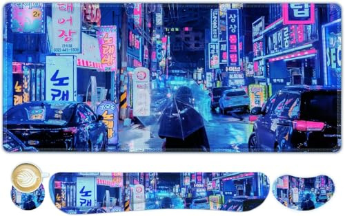 NXZGO Large Gaming Mouse Pad Set, 4 in 1 Extended Keyboard Desk Mat with Wrist Rest, Computer Game Mousepad, Non-Slip Desk Pad Protector Easy Typing Pain Relief for Home Office I Anime Neon Street