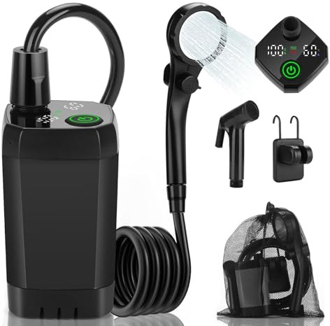 XINYUDAILY Tragbare Campingdusche 6000mAh Akku & LED-Anzeige – Camping Dusche mit Pumpe, Duschkopf, Handbrause – Outdoor Dusche IPX7-wasserdicht für Garten, Strand, Auto, Haustier – Mobile Dusche