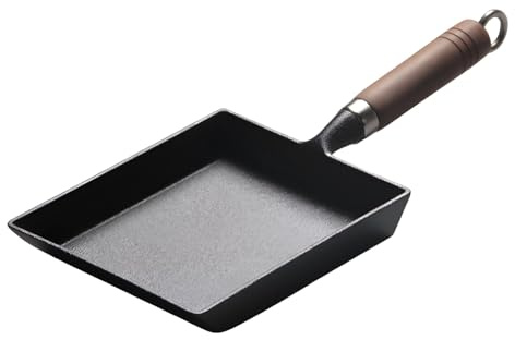 Packool Cast Iron Tamagoyaki Pan with Wooden Handle, Induction Cooktop Pan, Japanese Omelette Pan for 1-4 Person, Non-Stick & Smokeless Square Frying Pan for Gas Stove