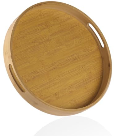Bamboo Round Serving Tray with Handles, Natural Wood Food Plate