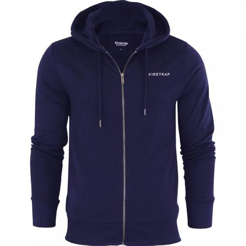 Firetrap Original Mens Designer Classic Full Zip Thru Hoodie Hooded Sweatshirt Jacket Jumper Navy Blue S