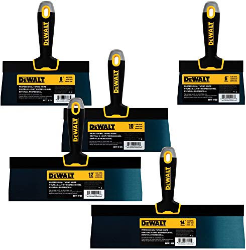 DEWALT Blue Steel Taping Knife 4-Pack | 8/10/12/14-Inches + FREE BONUS 6 Soft Grip Putty Knife | Soft Grip Handles| DXTT-3-162
