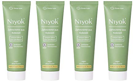 NIYOK Zahncreme Kokosöl + Pfefferminze & Zitrone (4x75ml), natürlichen Wirkstoffkombination aus Kokosöl und erfrischenden Extrakten, Bio Zahnpasta, Vegan, Fluoridfrei, Naturkosmetik