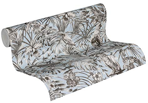 A.S. Création Vliestapete Greenery Tapete in Dschungel Optik mit Palmenblättern 10,05 m x 0,53 m grau blau schwarz Made in Germany 372103 37210-3