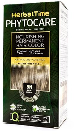 Herbal Time Phytocare Tinte Permanente para el Cabello Color Rubio Claro 9N | Kit Tinte Natural Pelo Profesional | Nutre y Protege Tu Cabello | Sin Amoníaco, PPD y SLS | 124.5 ml