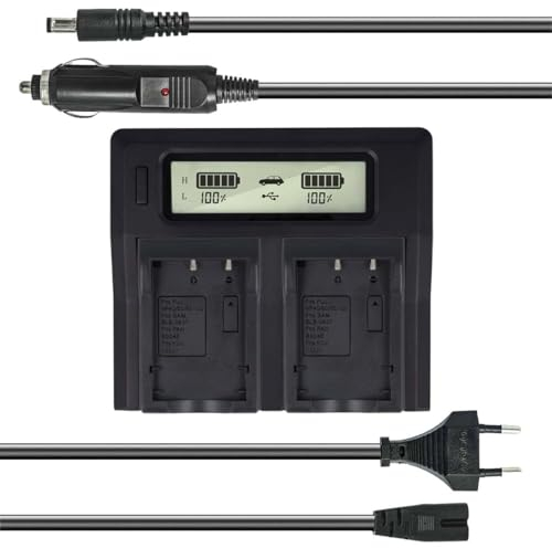 Dual Akku-Ladegerät kompatibel mit Fuji NP-120, NP-95, NP-60, NP-40 - mit USB-Anschluss, LCD-Display und Kfz-Ladekabel - Schnellladegerät