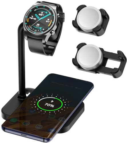 AODUKE 2 in 1 Wireless Charger Stand for Samsung/Google Charging Dock, for huawei GT/Samsung Galaxy/Pixel/Garmin/Diesel/Fossil/Fitbit/Skagen/Michael/Galaxy/GT Watch Bracket Base(02SW-B)