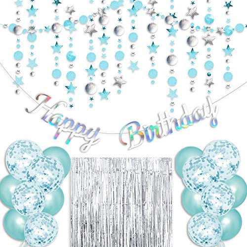 Türkis Geburtstag Party Dekoration - Silber Happy Birthday Banner, Blau Glitzer Kreis Punkt Girlande Streamer Silber Fransen Vorhang Blau und Pailletten Ballons für Frauen und Männer Geburtstagsparty