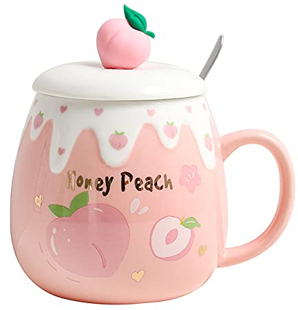 Obst Rosa Pfirsich Tasse mit Deckel Löffel 3D Niedlich Keramik Kaffee Tee Milchtasse Paar Tasse Set Geburtstagsgeschenk Frauen Liebhaber (rosa pfirsich, 500ml)
