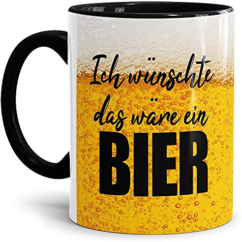 Lustige Tasse für Männer mit Spruch - Ich wünschte das wäre EIN Bier - Geschenk für Männer, Freunde und Kollegen - Keramik Innen & Henkel Schwarz, 300 ml
