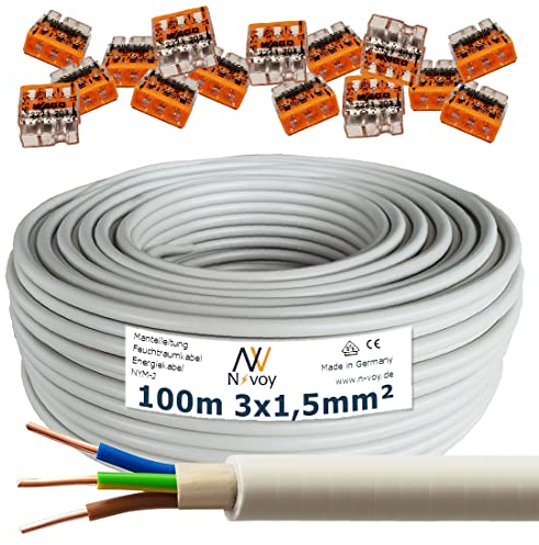 NYM-J 3x1,5 mm² 100m Mantelleitung Installationskabel mit 15 Stück WAGO Klemmen M83