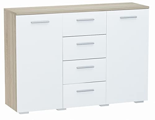 MATKAM Schlafzimmer Kommode mit Schubladen und Türen - Sideboard Wohnzimmer H:84xB:120xT:35 cm - Komode mit 5 Schubladen und 2 Türen - Komodenschrank für Schlafzimmer - Sonoma Eiche/Weiß