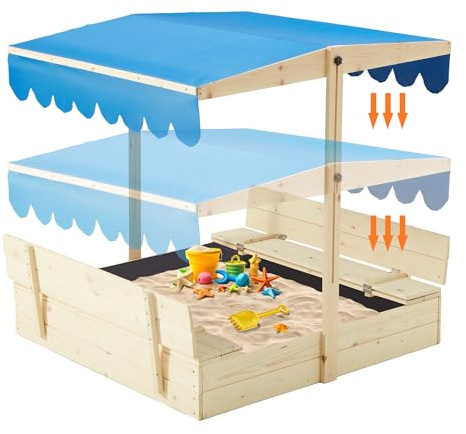 YOLENY Caja de arena con tapa, caja de arena para niños con cubierta y techo de altura ajustable, caja de arena para exteriores con asientos de banco plegables y forro de protección de arena para