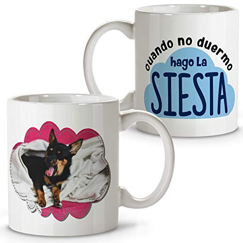 LolaPix Regalos para Amigas Originales. Taza Personalizada. Regalo Personalizado. Foto Mascota. Cerámica 330 ml. Diseño Perro. Perro Siesta