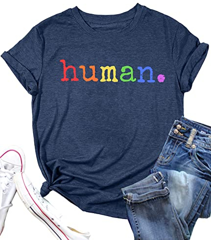 Stolz Shirts für Frauen Menschliches LGBT T-Shirt Regenbogen Grafik Tee Shirt LGBTQ Equality Bluse Tops, Blau dunkel, X-Groß