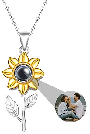Zopmopae Personalised Photo Projection Necklace Custom Sunflower Photo Necklace with Picture Inside Sterling Silver Projection Necklace Custom Photo Gifts for Women Girls Wife Mom