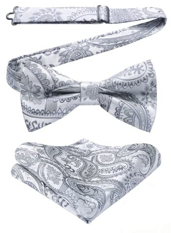 HISDERN Herren Fliege verstellbar Paisley Schleife bereits gebunden Taschentuch Set Hochzeit Party Smoking weiß Silber