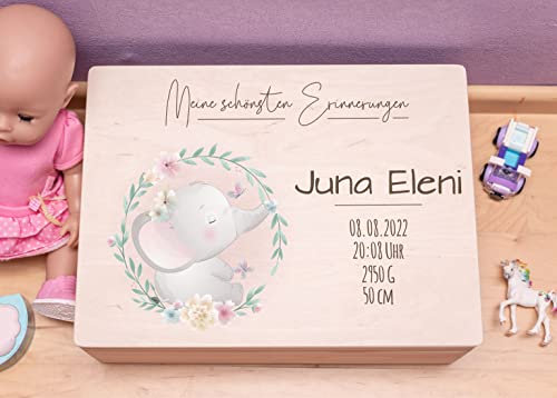 Hochzeitideal - Personalisierte Erinnerungskiste | Holzkiste New Born Elefant | Aufbewahrungskiste | Geschenk Geburt | Erinnerungsbox Baby Taufe | Holzkiste für Kinder (M (30x20x14), Mädchen)