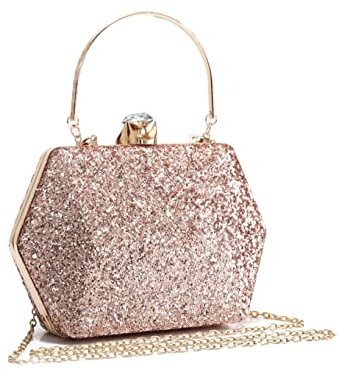 Bolso de mano para mujer, color oro rosa, brillante, con cristales, ideal para bodas, bailes, cenas, fiestas de noche, eventos, Cierre hexagonal diamanti, Small