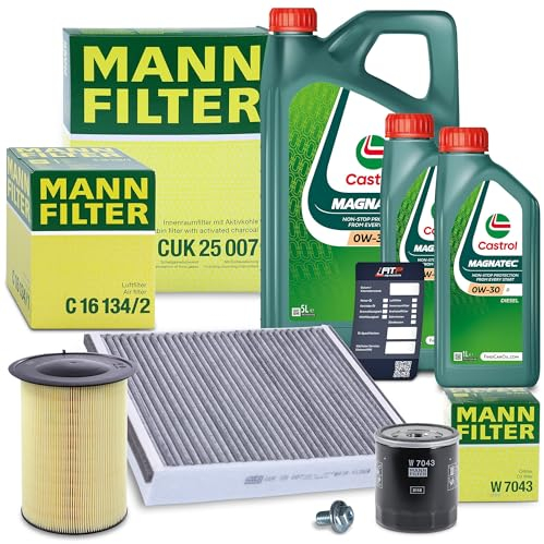 MANN-FILTER Filterset 1x Ölfilter, 1x Innenraumfilter (Aktivkohle), 1x Luftfilter, 1x Motoröl 0W-30 5l Kompatibel mit FORD C-MAX Mk2, FOCUS Mk3,GRAND C-MAX,KUGA II (DM2), KUGA II VAN