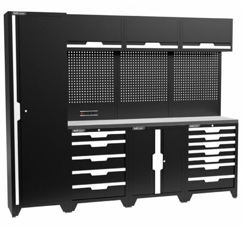Kraftmeister Werkstatteinrichtung - Männerküche mit 12 Schubladen und 5 Schränken - Werkzeugschrank, Garage - modulares Werkbank mit Edelstahl Arbeitsplatte und Werkzeugwand - Schwarz