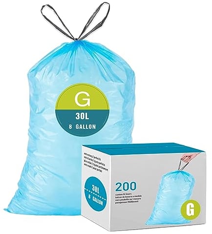 Code G (200 Count) Heavy Duty Trash Bags Blue Compatible with simplehuman Code G | Blue Drawstring Garbage Liners 8 Gallon/30 Liter | Reinforced Drawstring Garbage Liners